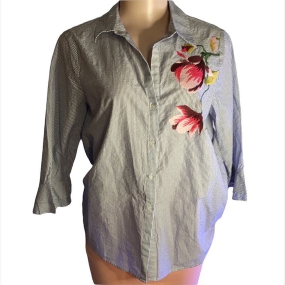 Melissa Paige Petite Blue Stripe Floral Embroidered Blouse 3/4 Sleeve